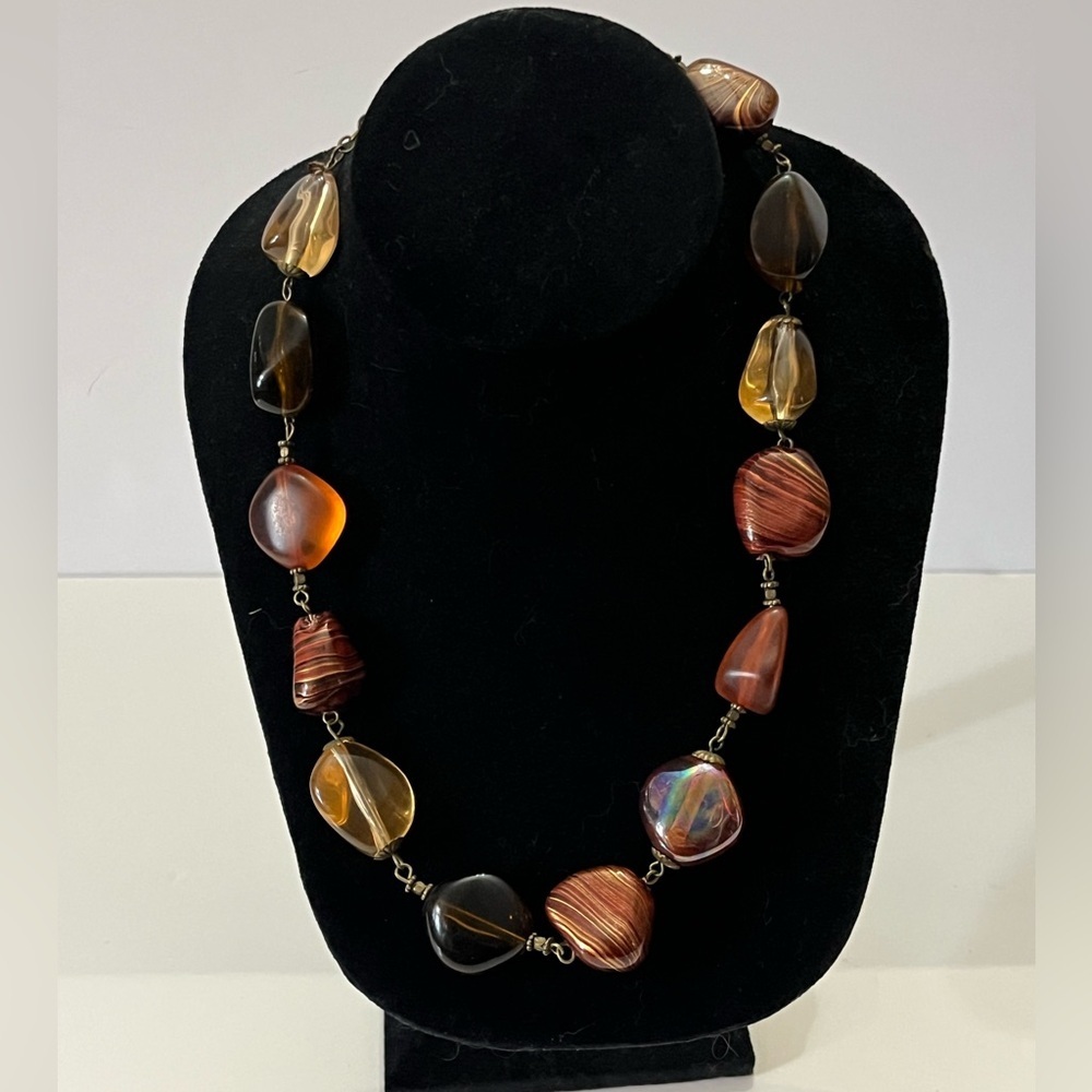 Vintage Amber Glass Bead Necklace | Mixed Brown & Gold Tones | Boho Statement